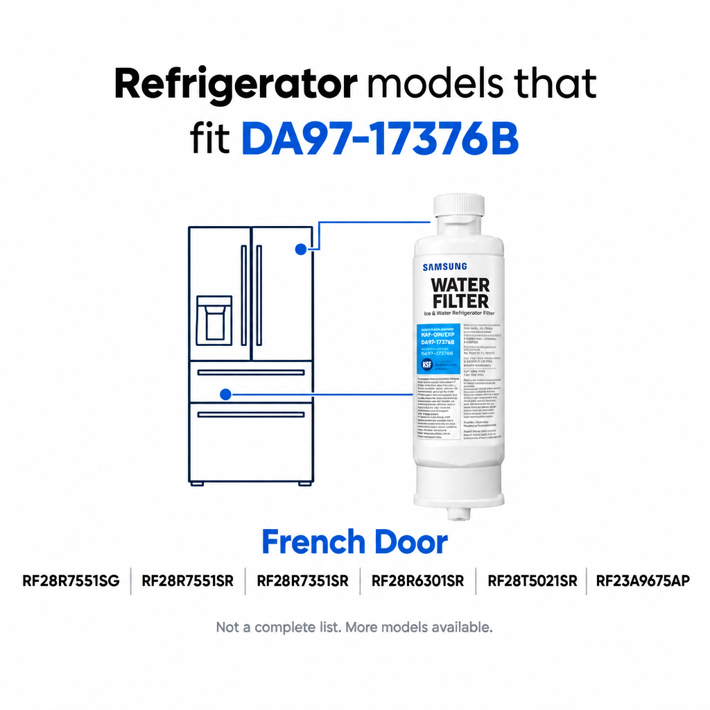 Samsung DA97-17376B refrigerator water filter compatibility guide for French door models including RF29DB9600QLAA, RF28R7551SR, RF28R7351SR, RF28R6301SR, RF28T5021SR, and RF23A9675AP.