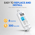Samsung DA97-17376B refrigerator water filter replacement image highlighting easy installation, 6 month replacement cycle, and 300 gallon filtration capacity for compatible Samsung refrigerators