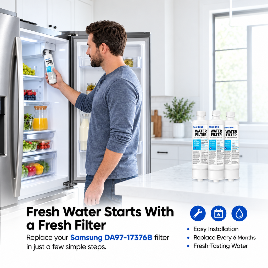 Man replacing a Samsung DA97-17376B refrigerator model RF29DB9600QLAA water filter, designed for easy installation, 6-month replacement, and fresh-tasting filtered water.