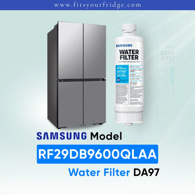 Samsung RF29DB9600QLAA refrigerator with compatible Samsung DA97 water filter shown beside a modern four-door stainless steel refrigerator, FitsYourFridge compatibility image for replacement refrigerator water filter.