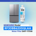 Samsung RF30BB6200QLAA refrigerator with compatible Samsung DA97 water filter shown beside a modern four-door stainless steel refrigerator, FitsYourFridge compatibility image for replacement refrigerator water filter.