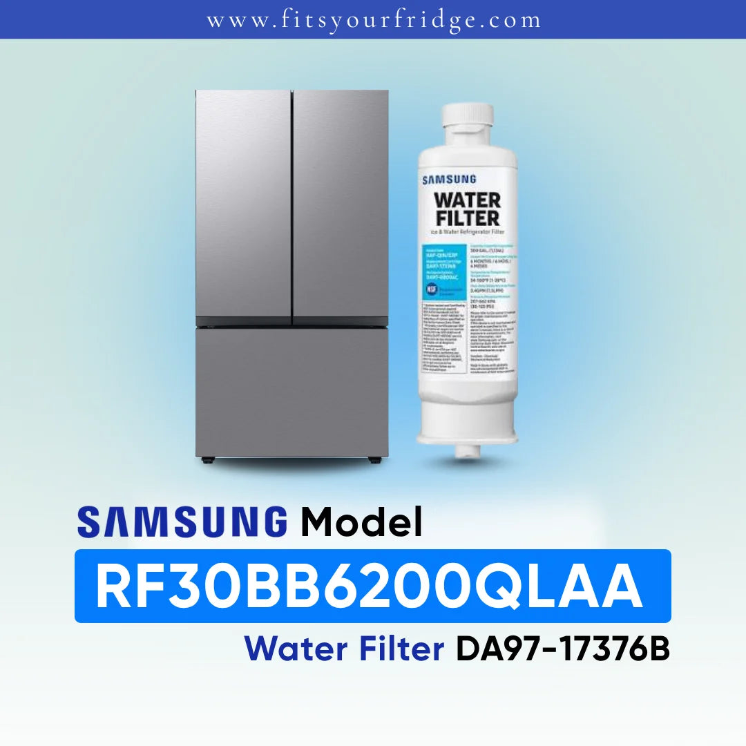 Samsung RF30BB6200QLAA refrigerator with compatible Samsung DA97 water filter shown beside a modern four-door stainless steel refrigerator, FitsYourFridge compatibility image for replacement refrigerator water filter.
