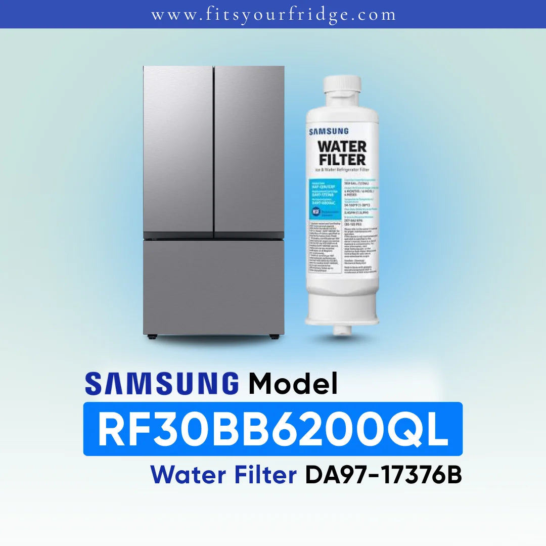 Samsung RF30BB6200QL refrigerator with compatible Samsung DA97 water filter shown beside a modern four-door stainless steel refrigerator, FitsYourFridge compatibility image for replacement refrigerator water filter.