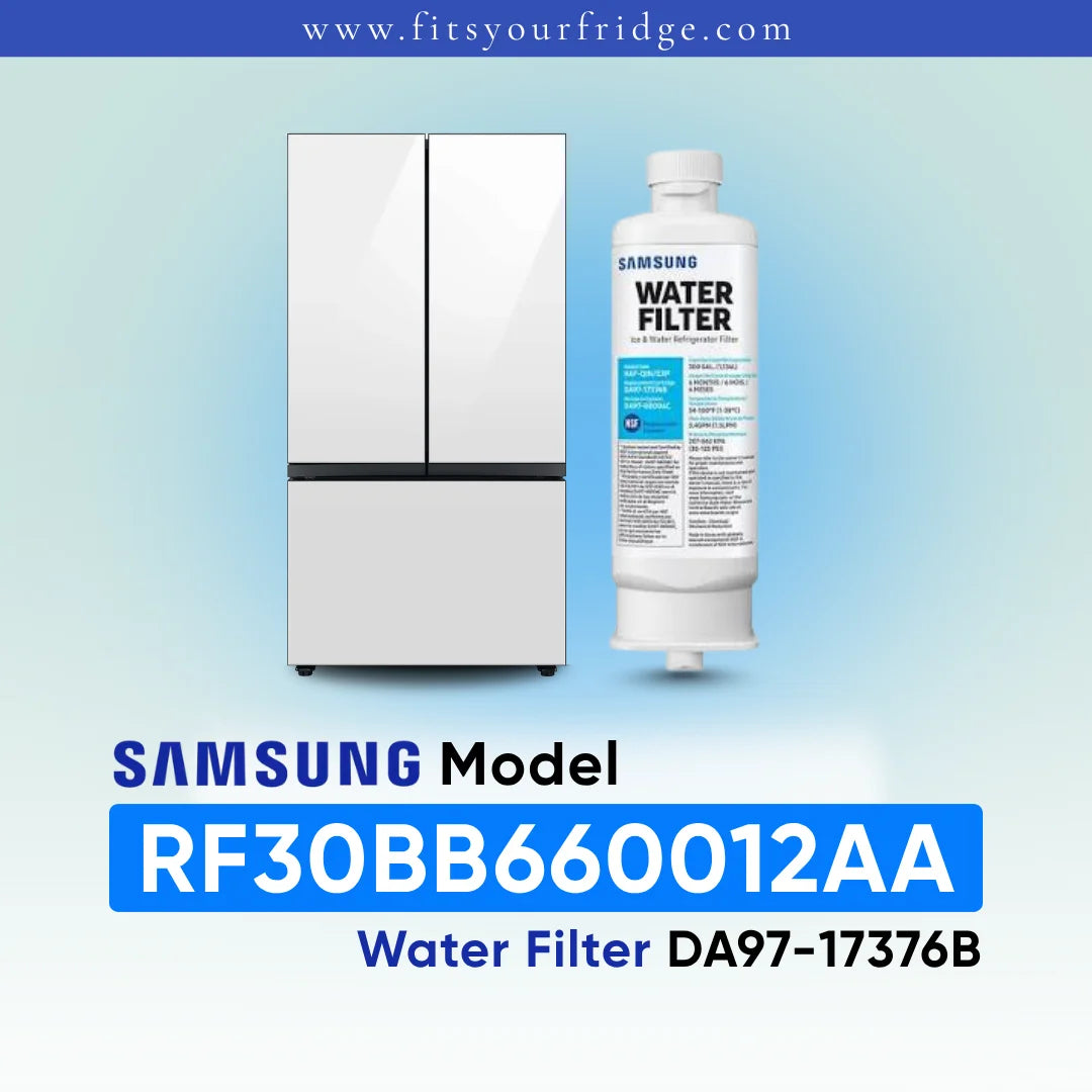 Samsung water filter cartridge shown next to a white Samsung refrigerator on a light blue gradient background, with text reading 'SAMSUNG Model RF30BB660012AA Water Filter DA97-17376B' and the website 'www.fitsyourfridge.