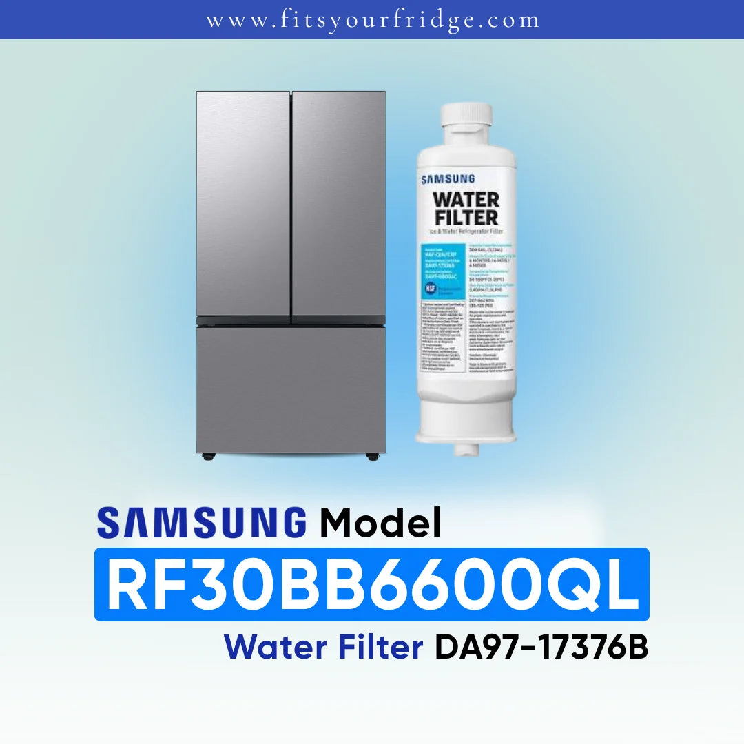 Samsung RF30BB6600QL refrigerator with compatible Samsung DA97 water filter shown beside a modern four-door stainless steel refrigerator, FitsYourFridge compatibility image for replacement refrigerator water filter.