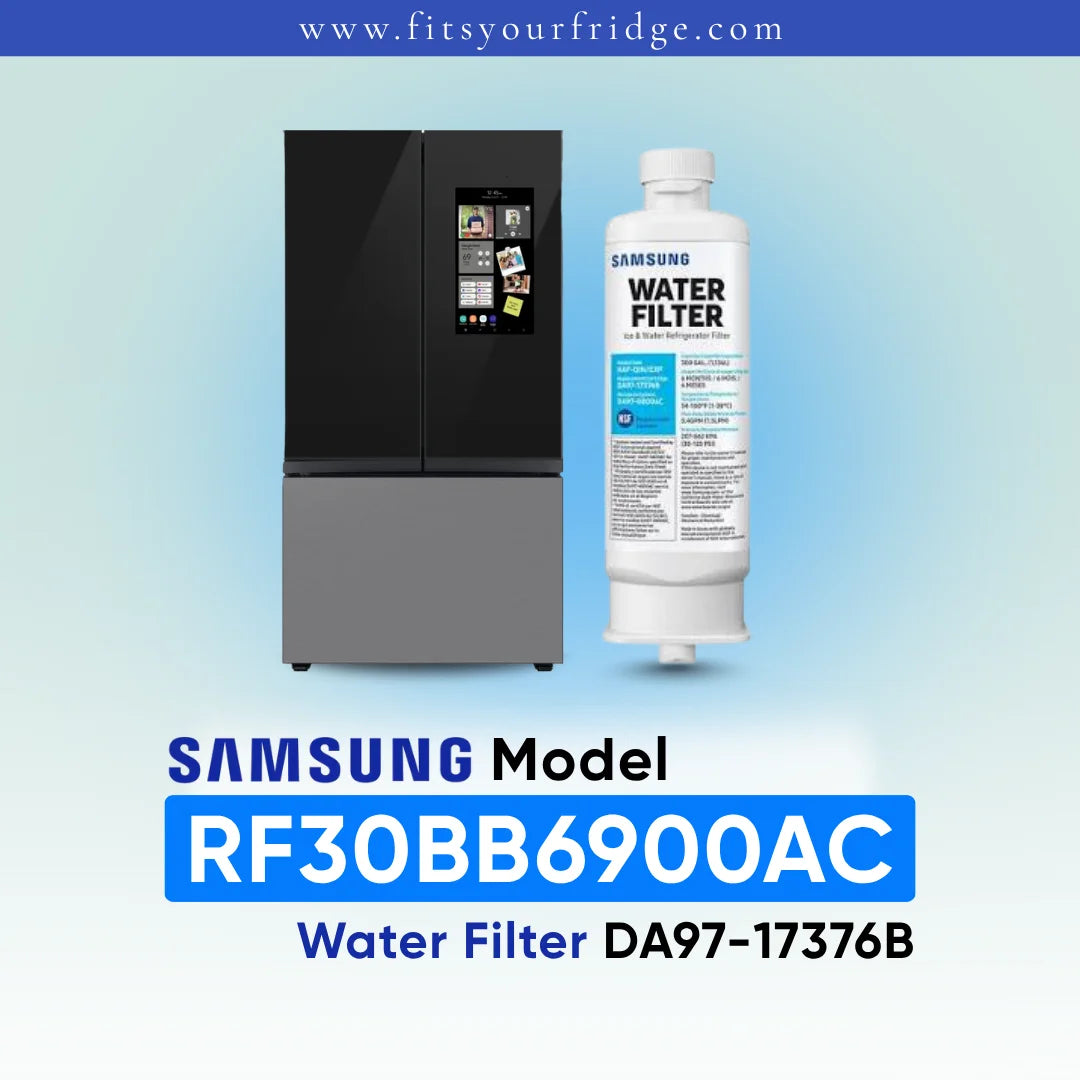 Samsung refrigerator and DA97-17376B water filter shown with RF30BB6900AC model compatibility label.