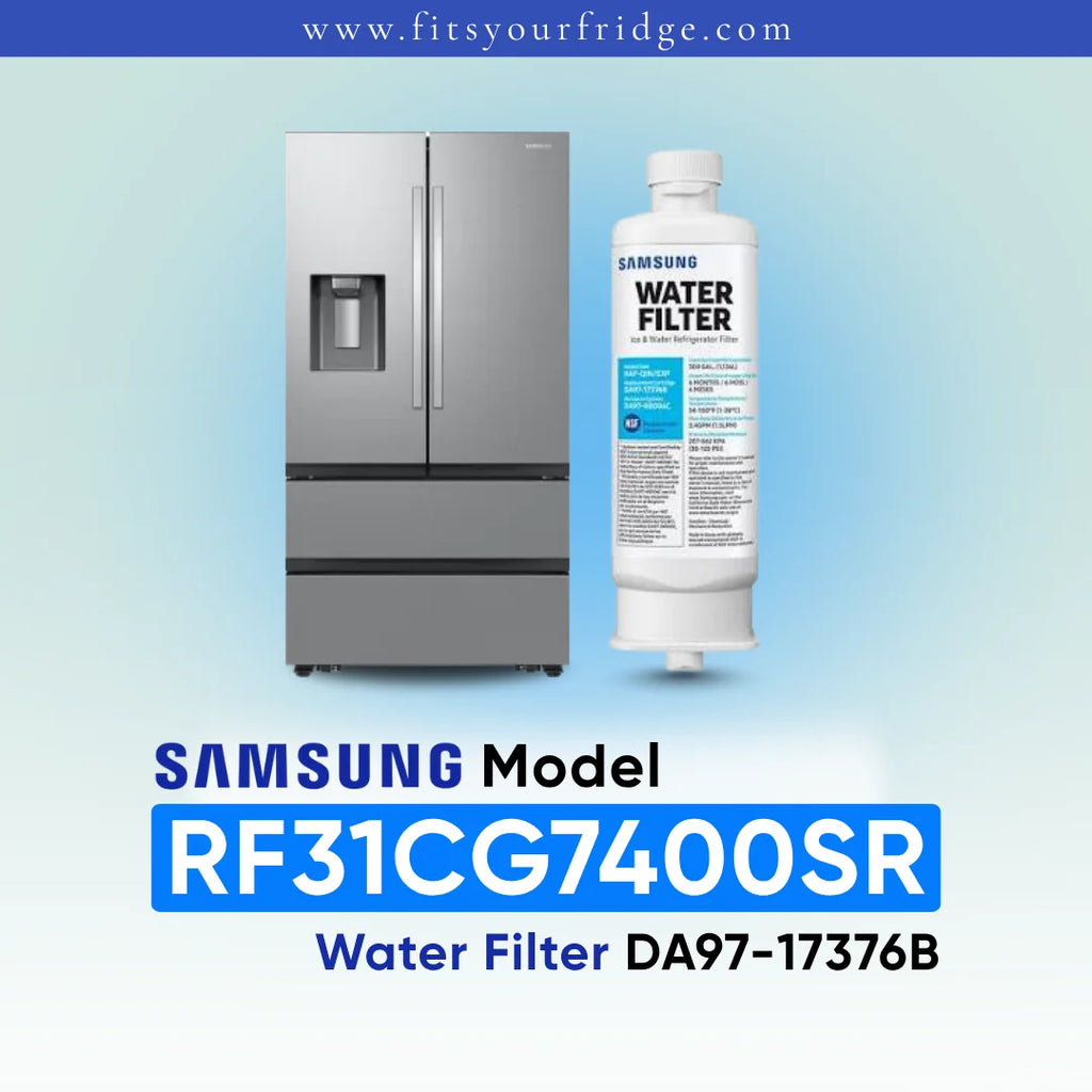 Samsung RF31CG7400SR refrigerator with compatible Samsung DA97 water filter shown beside a modern four-door stainless steel refrigerator, FitsYourFridge compatibility image for replacement refrigerator water filter.