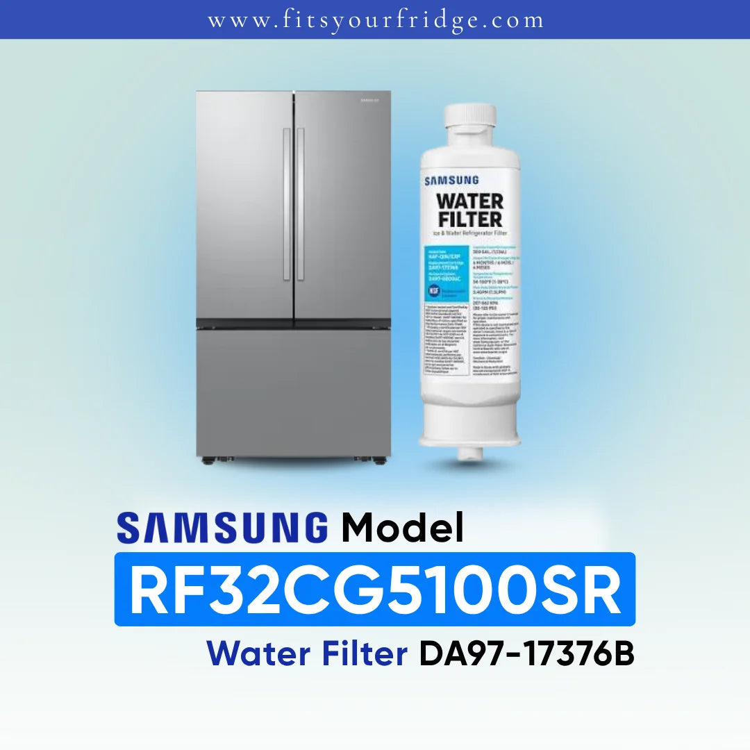 Samsung water filter cartridge shown next to a stainless steel French door refrigerator on a light blue gradient background, with text reading 'SAMSUNG Model RF32CG5100SR Water Filter DA97-17376B' and 'www.fitsyourfridge.
