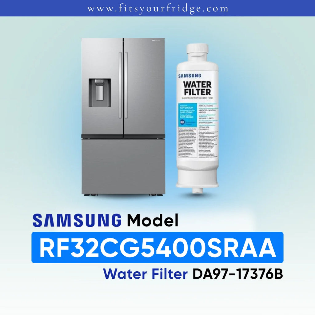 Samsung RF32CG5400SRAA refrigerator with compatible Samsung DA97 water filter shown beside a modern four-door stainless steel refrigerator, FitsYourFridge compatibility image for replacement refrigerator water filter.
