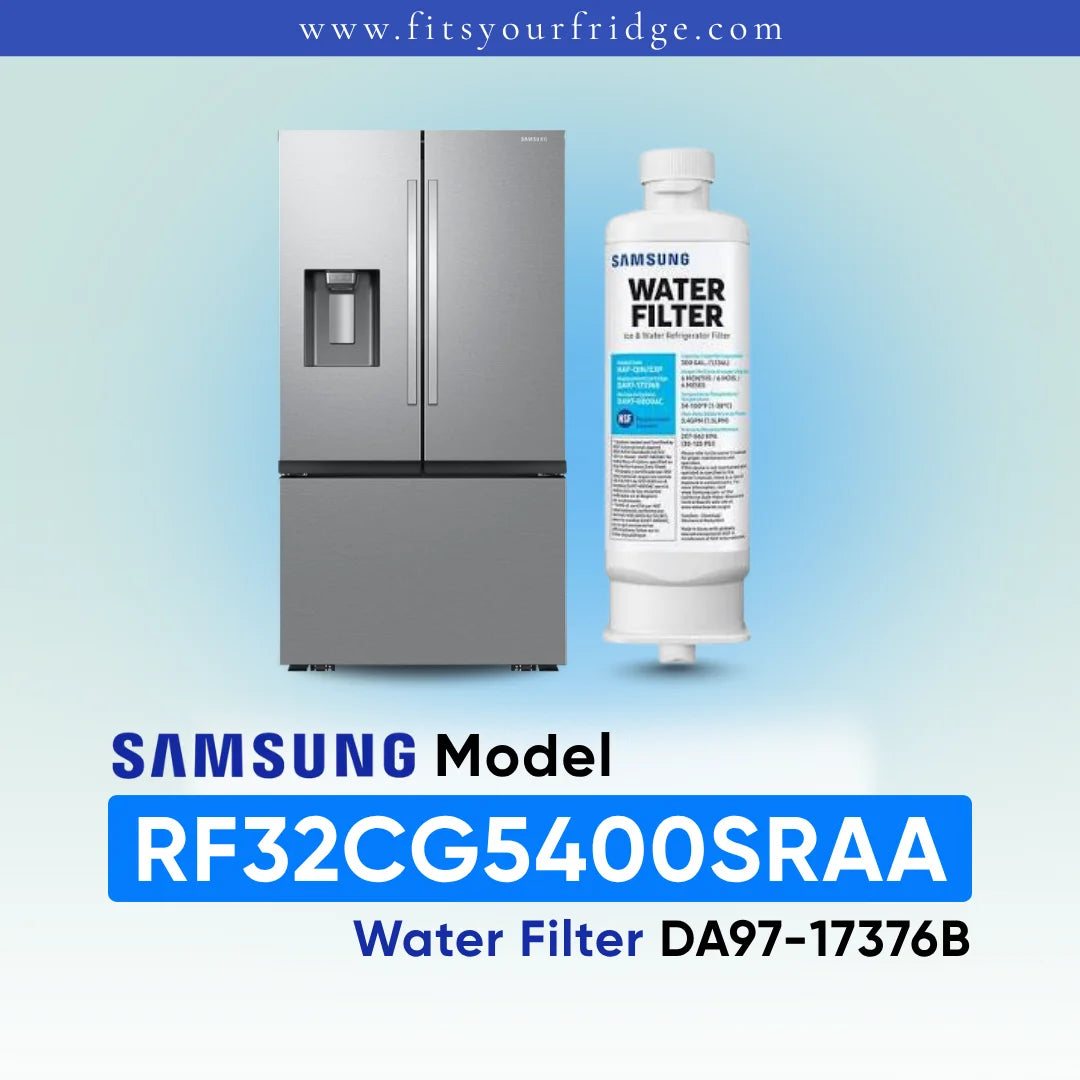 Samsung RF32CG5400SRAA refrigerator with compatible Samsung DA97 water filter shown beside a modern four-door stainless steel refrigerator, FitsYourFridge compatibility image for replacement refrigerator water filter.