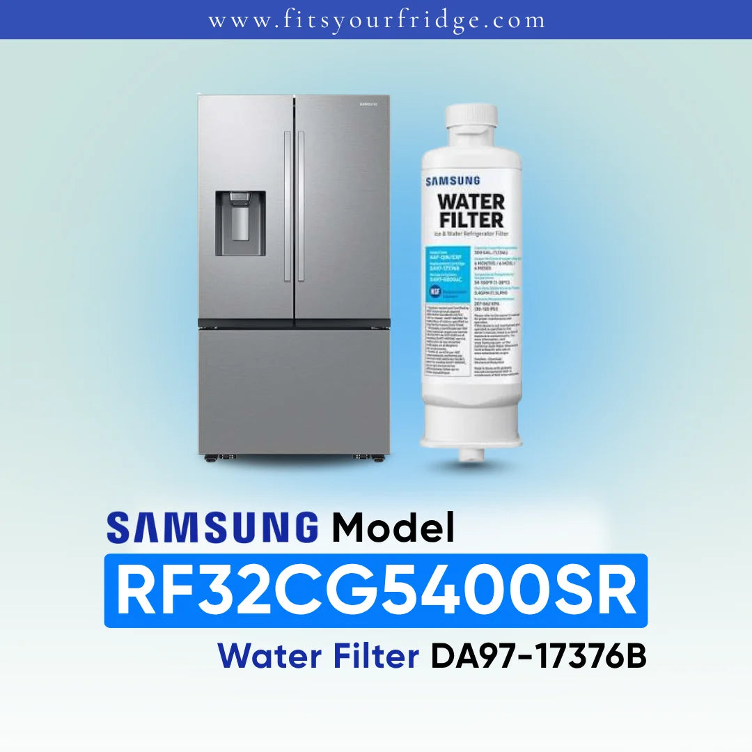 Samsung RF32CG5400SR refrigerator with compatible Samsung DA97 water filter shown beside a modern four-door stainless steel refrigerator, FitsYourFridge compatibility image for replacement refrigerator water filter.