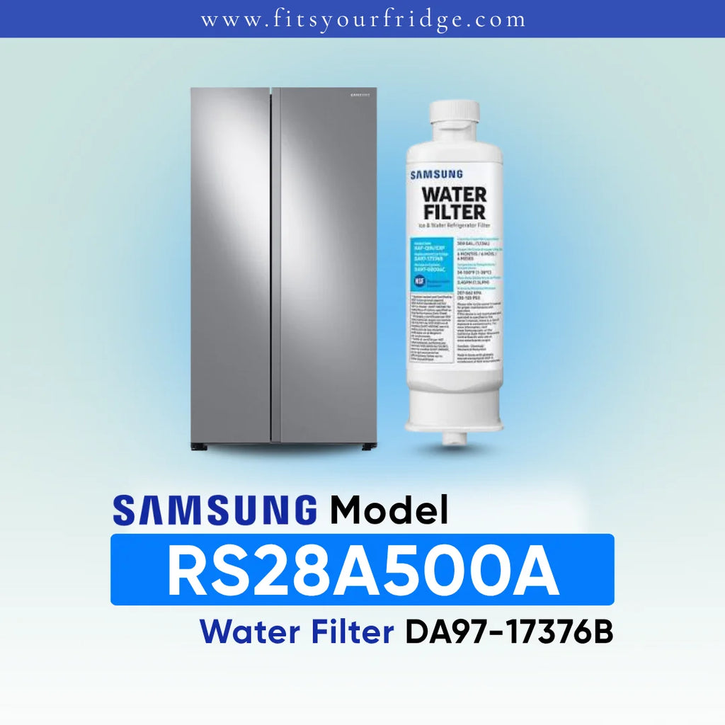 Samsung water filter cartridge shown next to a stainless steel side-by-side refrigerator on a light blue gradient background, with text reading 'SAMSUNG Model RS28A500A Water Filter DA97-17376B' and 'www.fitsyourfridge.