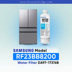 Samsung refrigerator and DA97-17376B water filter shown with RF23BB8200 model compatibility label.
