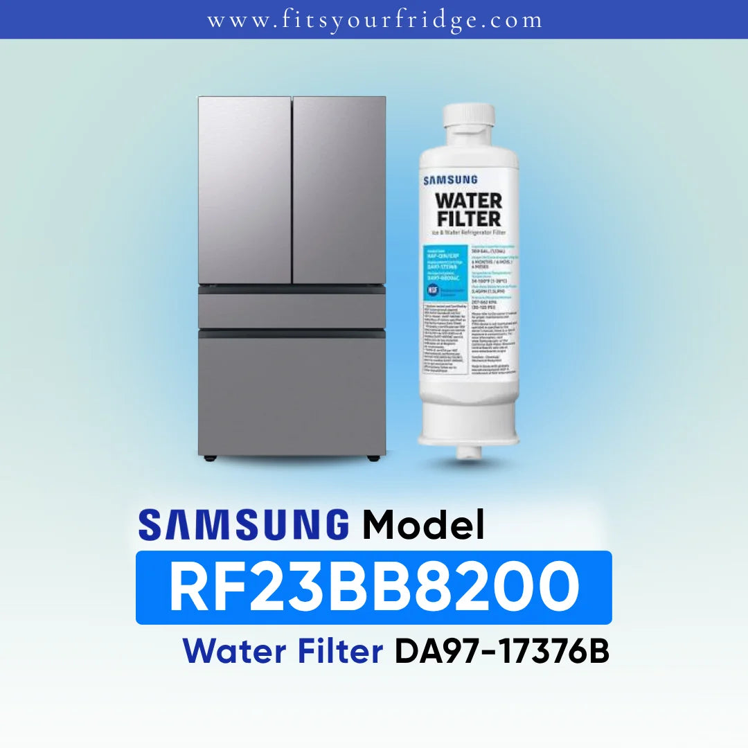 Samsung refrigerator and DA97-17376B water filter shown with RF23BB8200 model compatibility label.