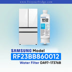 Samsung refrigerator and DA97-17376B water filter shown with RF23BB860012 model compatibility label.