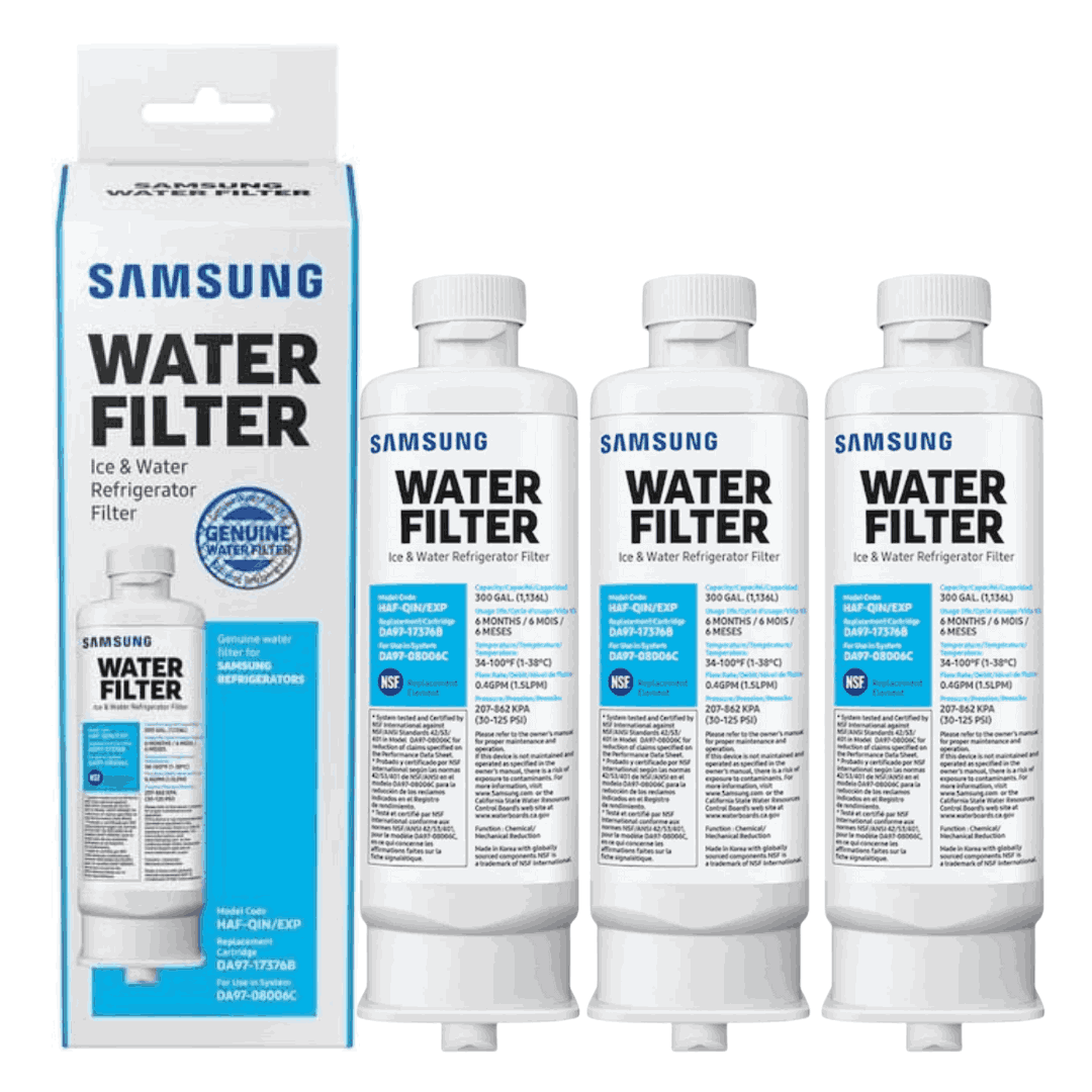 3 Pack Samsung Refrigerator RF23R6201SR Water Filter with packaging on a white background