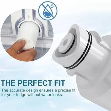 Close-up of a white water filter with a hand holding it, on a light blue background.