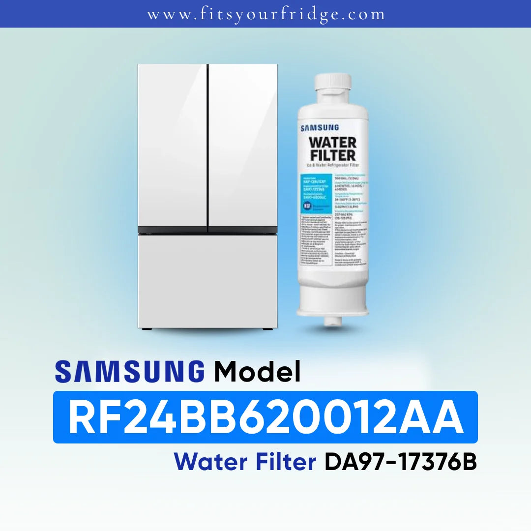 Samsung RF24BB620012AA refrigerator with compatible Samsung DA97 water filter shown beside a modern four-door stainless steel refrigerator, FitsYourFridge compatibility image for replacement refrigerator water filter.