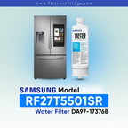 Samsung RF27T5501SR refrigerator with compatible Samsung DA97 water filter shown beside a modern four-door stainless steel refrigerator, FitsYourFridge compatibility image for replacement refrigerator water filter.