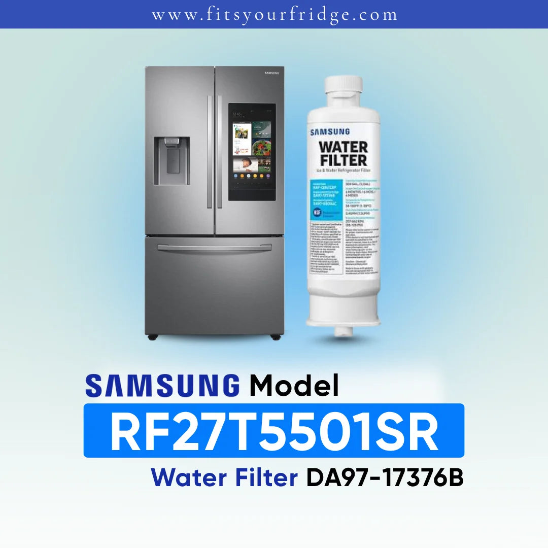 Samsung RF27T5501SR refrigerator with compatible Samsung DA97 water filter shown beside a modern four-door stainless steel refrigerator, FitsYourFridge compatibility image for replacement refrigerator water filter.