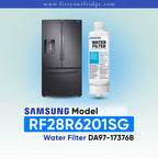 Samsung water filter cartridge shown next to a dark gray Samsung French-door refrigerator on a light blue gradient background, with text reading 'SAMSUNG Model RF28R6201SG Water Filter DA97-17376B' and 'www.fitsyourfridge.
