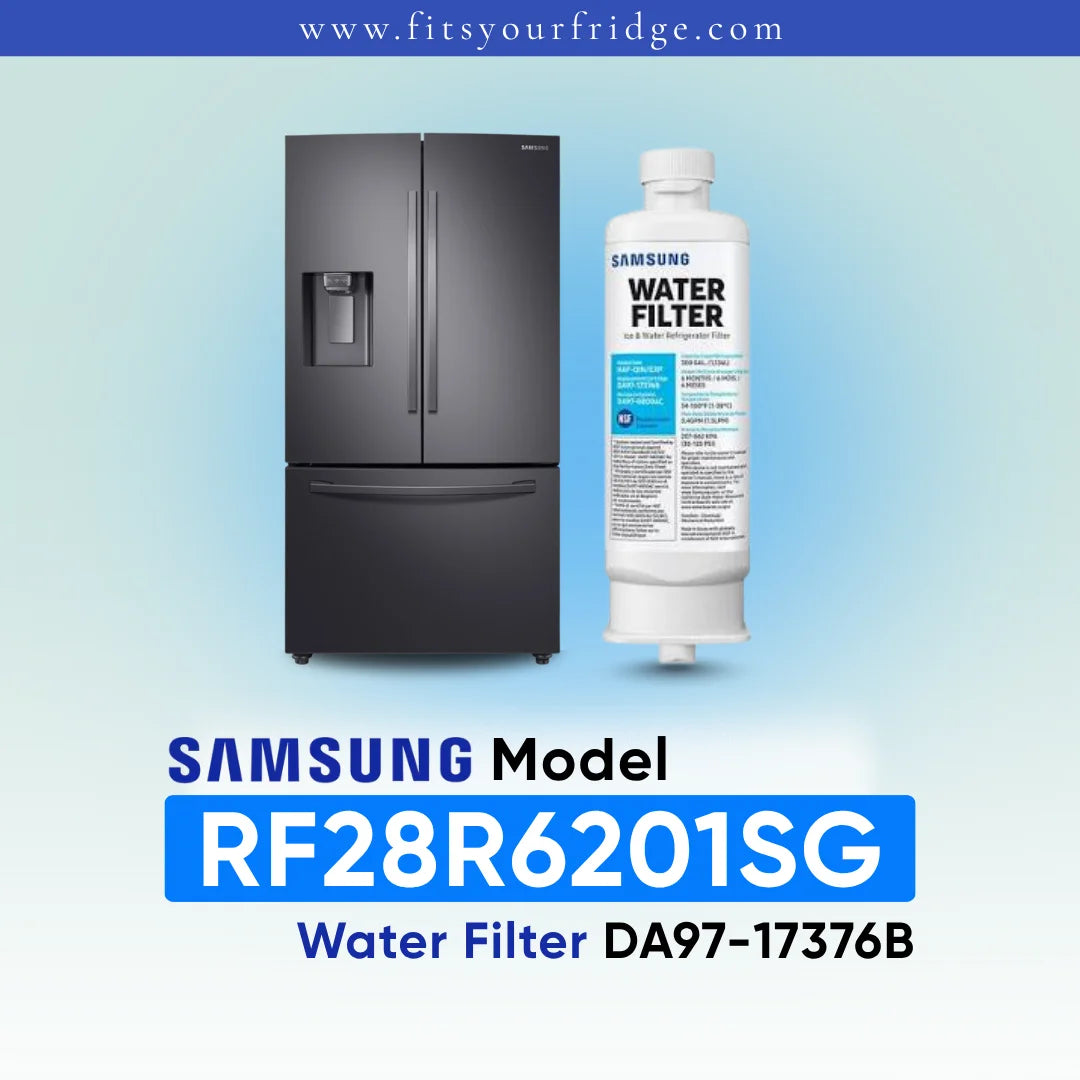Samsung water filter cartridge shown next to a dark gray Samsung French-door refrigerator on a light blue gradient background, with text reading 'SAMSUNG Model RF28R6201SG Water Filter DA97-17376B' and 'www.fitsyourfridge.
