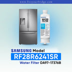 Samsung water filter cartridge shown next to a stainless steel refrigerator, with text reading 'SAMSUNG Model RF28R6241SR Water Filter DA97-17376B' on a light blue gradient background.
