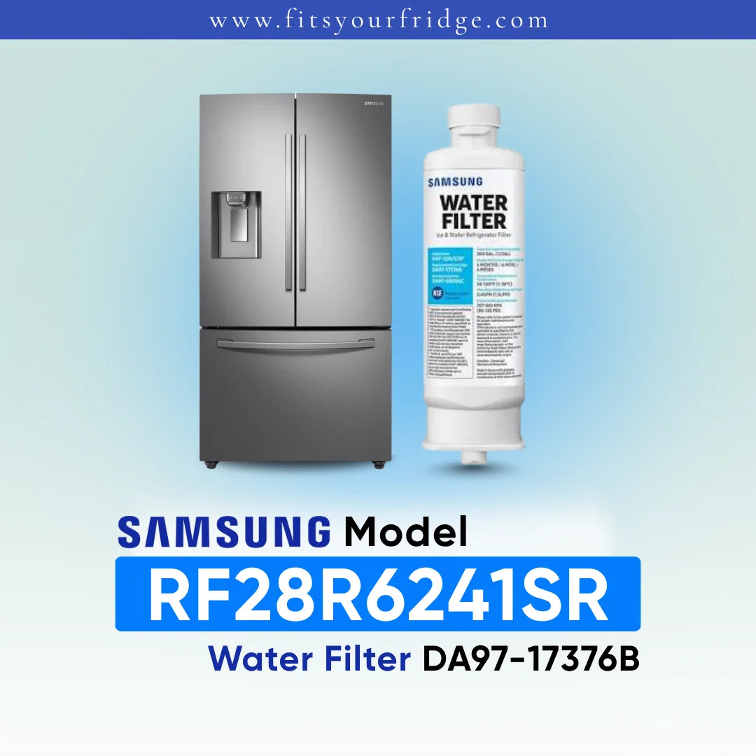 Samsung water filter cartridge shown next to a stainless steel refrigerator, with text reading 'SAMSUNG Model RF28R6241SR Water Filter DA97-17376B' on a light blue gradient background.