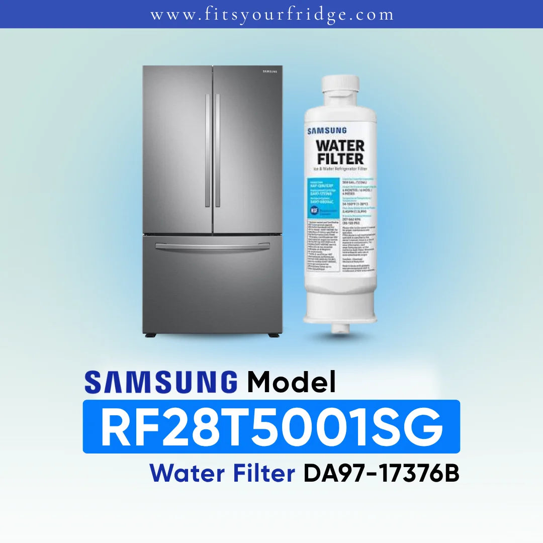 Samsung RF28T5001SG refrigerator with compatible Samsung DA97 water filter shown beside a modern four-door stainless steel refrigerator, FitsYourFridge compatibility image for replacement refrigerator water filter.