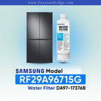 Samsung water filter cartridge shown next to a black Samsung refrigerator, with text reading 'SAMSUNG Model RF29A96715G Water Filter DA97-17376B' on a light blue gradient background.