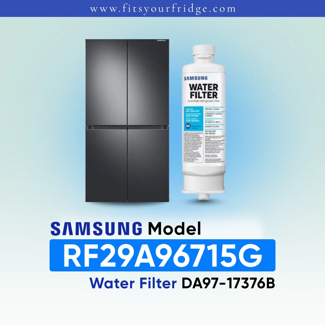 Samsung water filter cartridge shown next to a black Samsung refrigerator, with text reading 'SAMSUNG Model RF29A96715G Water Filter DA97-17376B' on a light blue gradient background.