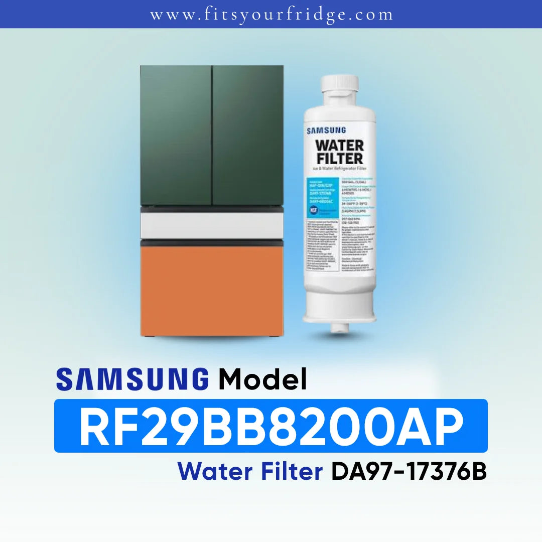 Samsung water filter replacement part shown next to a refrigerator graphic, with text reading 'SAMSUNG Model RF29BB8200AP Water Filter DA97-17376B' on a light blue gradient background.