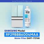 Samsung water filter cartridge shown next to a refrigerator on a light blue gradient background, with text reading 'SAMSUNG Model RF29BB86004MAA Water Filter DA97-17376B' and the website 'www.fitsyourfridge.