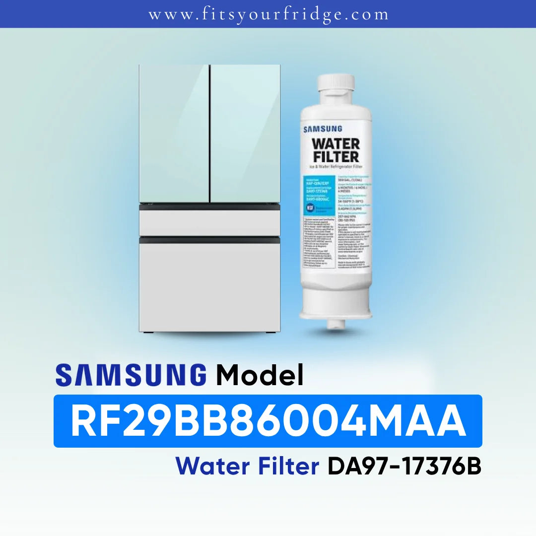 Samsung water filter cartridge shown next to a refrigerator on a light blue gradient background, with text reading 'SAMSUNG Model RF29BB86004MAA Water Filter DA97-17376B' and the website 'www.fitsyourfridge.