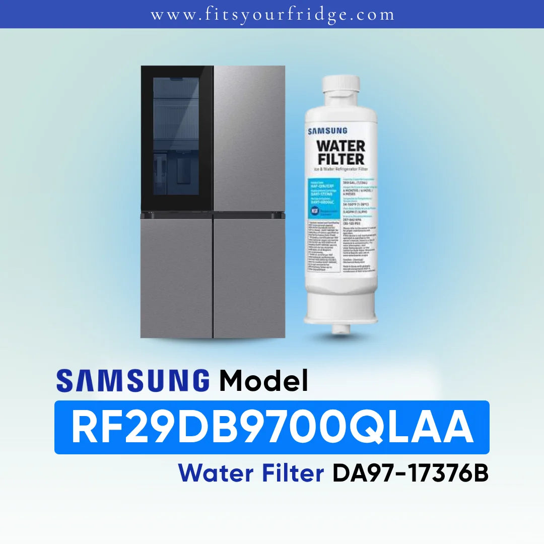 Samsung refrigerator and DA97-17376B water filter shown with RF29DB9700QLAA model compatibility label.