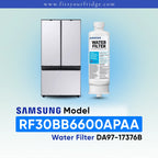 Samsung water filter cartridge shown next to a stainless steel French-door refrigerator on a light blue gradient background, with text reading 'SAMSUNG Model RF30BB6600APAA Water Filter DA97-17376B' and 'www.fitsyourfridge.