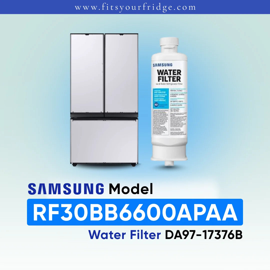Samsung water filter cartridge shown next to a stainless steel French-door refrigerator on a light blue gradient background, with text reading 'SAMSUNG Model RF30BB6600APAA Water Filter DA97-17376B' and 'www.fitsyourfridge.