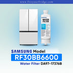 Samsung water filter cartridge shown next to a refrigerator on a light blue gradient background, with text reading 'SAMSUNG Model RF30BB6600 Water Filter DA97-17376B' and 'www.fitsyourfridge.