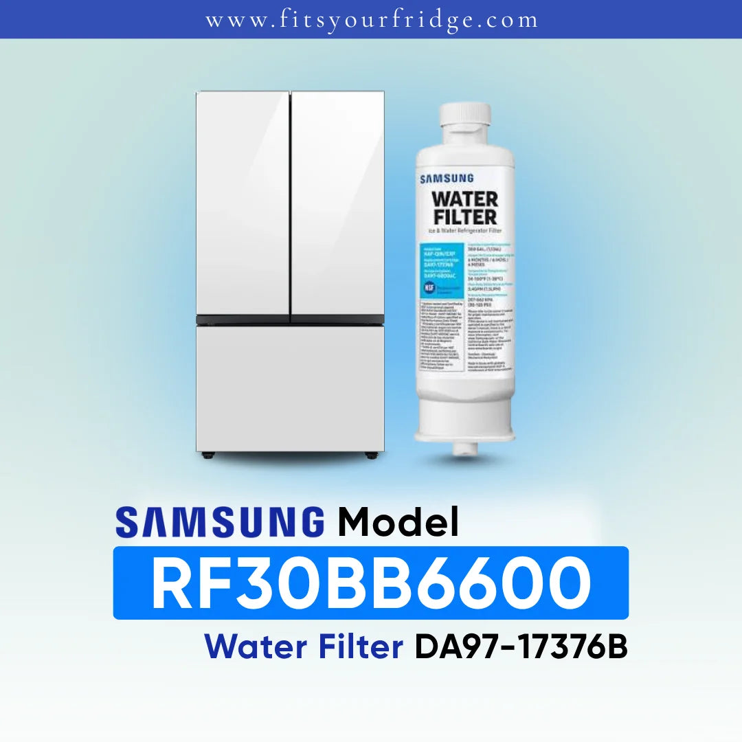 Samsung water filter cartridge shown next to a refrigerator on a light blue gradient background, with text reading 'SAMSUNG Model RF30BB6600 Water Filter DA97-17376B' and 'www.fitsyourfridge.