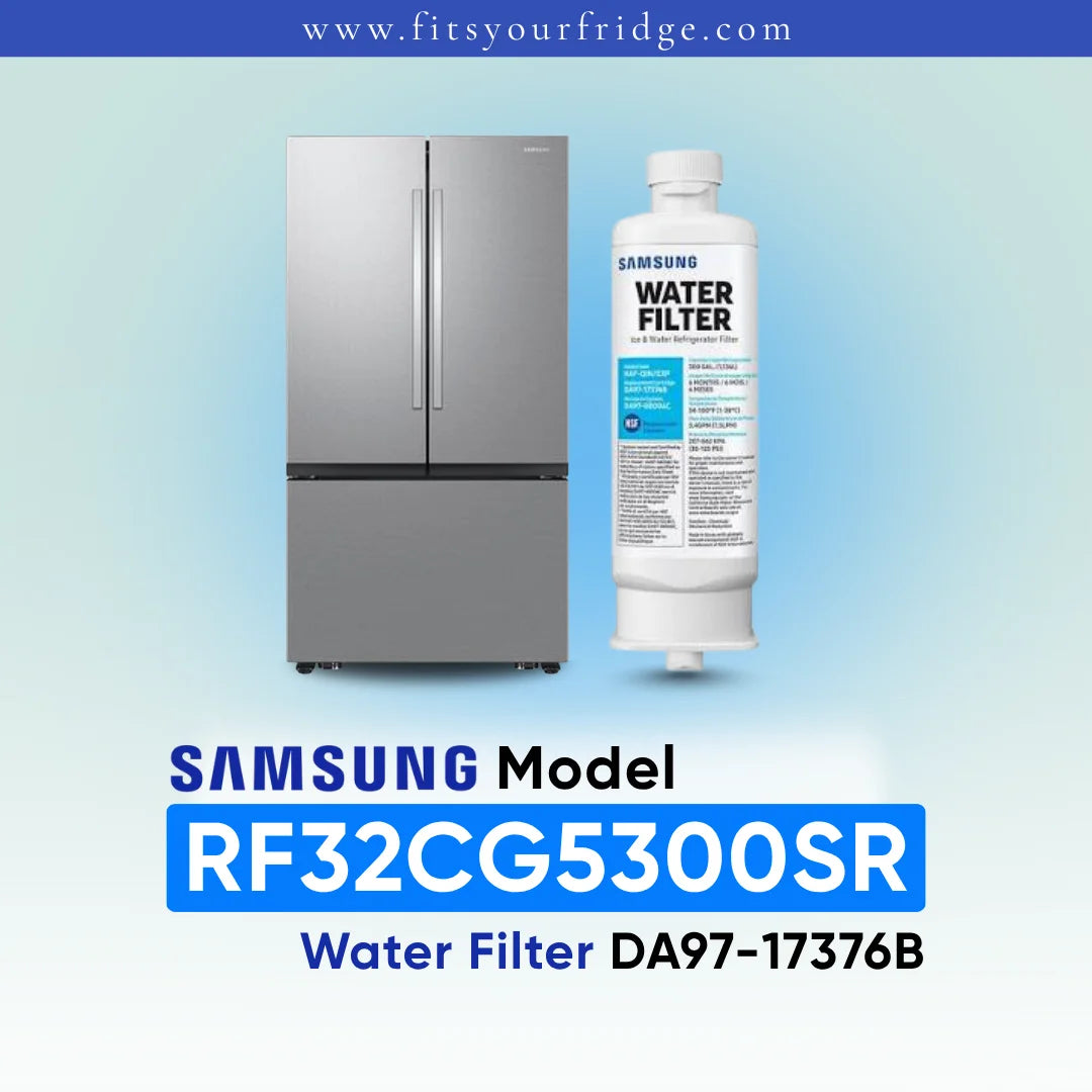 Samsung water filter cartridge shown next to a stainless steel French door refrigerator, with text reading 'SAMSUNG Model RF32CG5300SR Water Filter DA97-17376B' on a light blue gradient background.