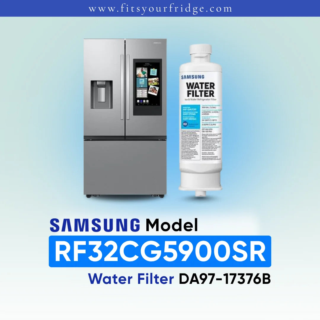 Samsung water filter cartridge shown next to a stainless steel Samsung refrigerator, with text reading 'SAMSUNG Model RF32CG5900SR Water Filter DA97-17376B' on a light blue gradient background.