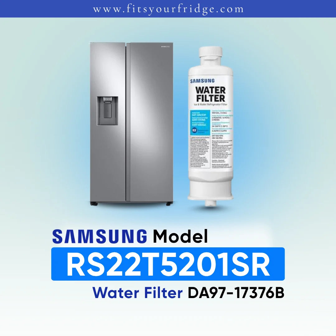 Samsung water filter cartridge shown next to a stainless steel side-by-side refrigerator on a light blue gradient background, with text identifying the Samsung Model RS22T5201SR water filter DA97-17376B.