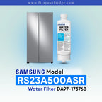 Samsung water filter cartridge shown next to a stainless steel side-by-side refrigerator on a light blue gradient background, with text reading 'SAMSUNG Model RS23A500ASR Water Filter DA97-17376B' and 'www.fitsyourfridge.