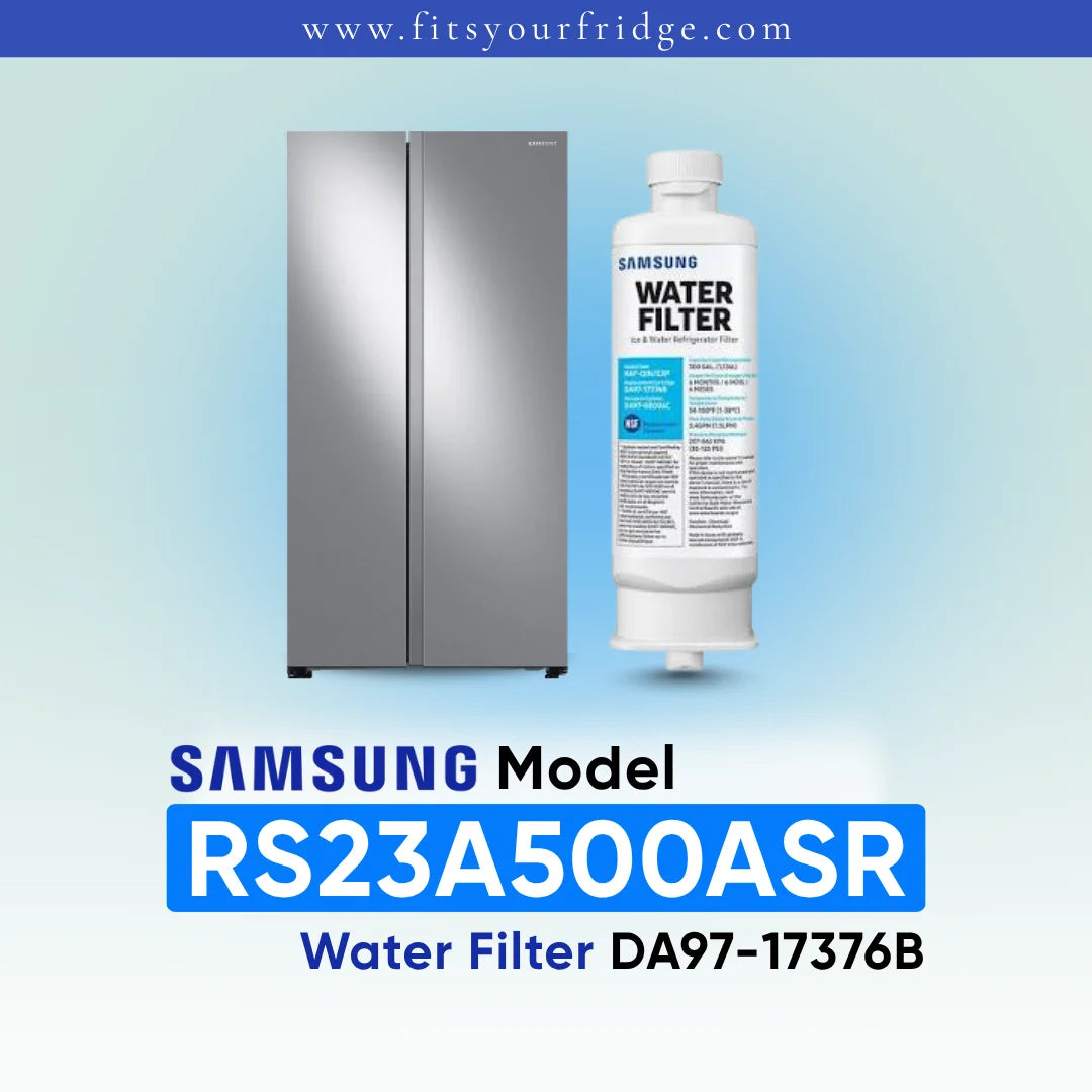 Samsung water filter cartridge shown next to a stainless steel side-by-side refrigerator on a light blue gradient background, with text reading 'SAMSUNG Model RS23A500ASR Water Filter DA97-17376B' and 'www.fitsyourfridge.