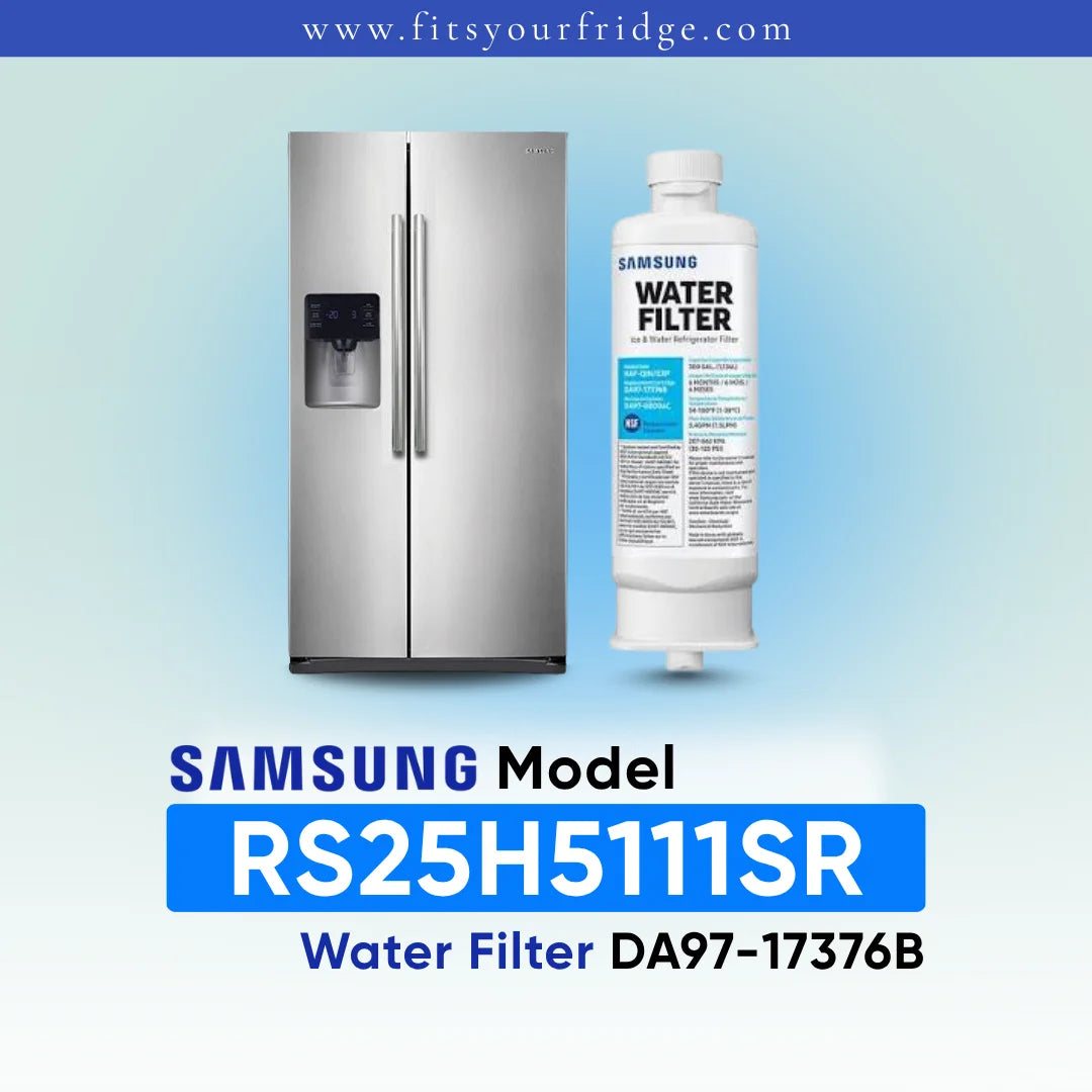 Samsung water filter cartridge shown next to a stainless steel side-by-side refrigerator on a light blue gradient background, with text identifying the Samsung Model RS25H5111SR water filter DA97-17376B.