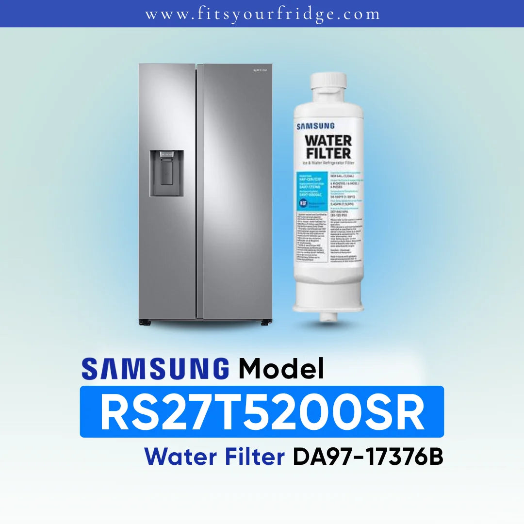 Samsung water filter cartridge shown next to a stainless steel side-by-side refrigerator on a light blue gradient background, with text identifying the model as Samsung Model RS27T5200SR and water filter DA97-17376B.