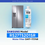 Samsung refrigerator and DA97-17376B water filter shown with RS27T5201SR model compatibility label.