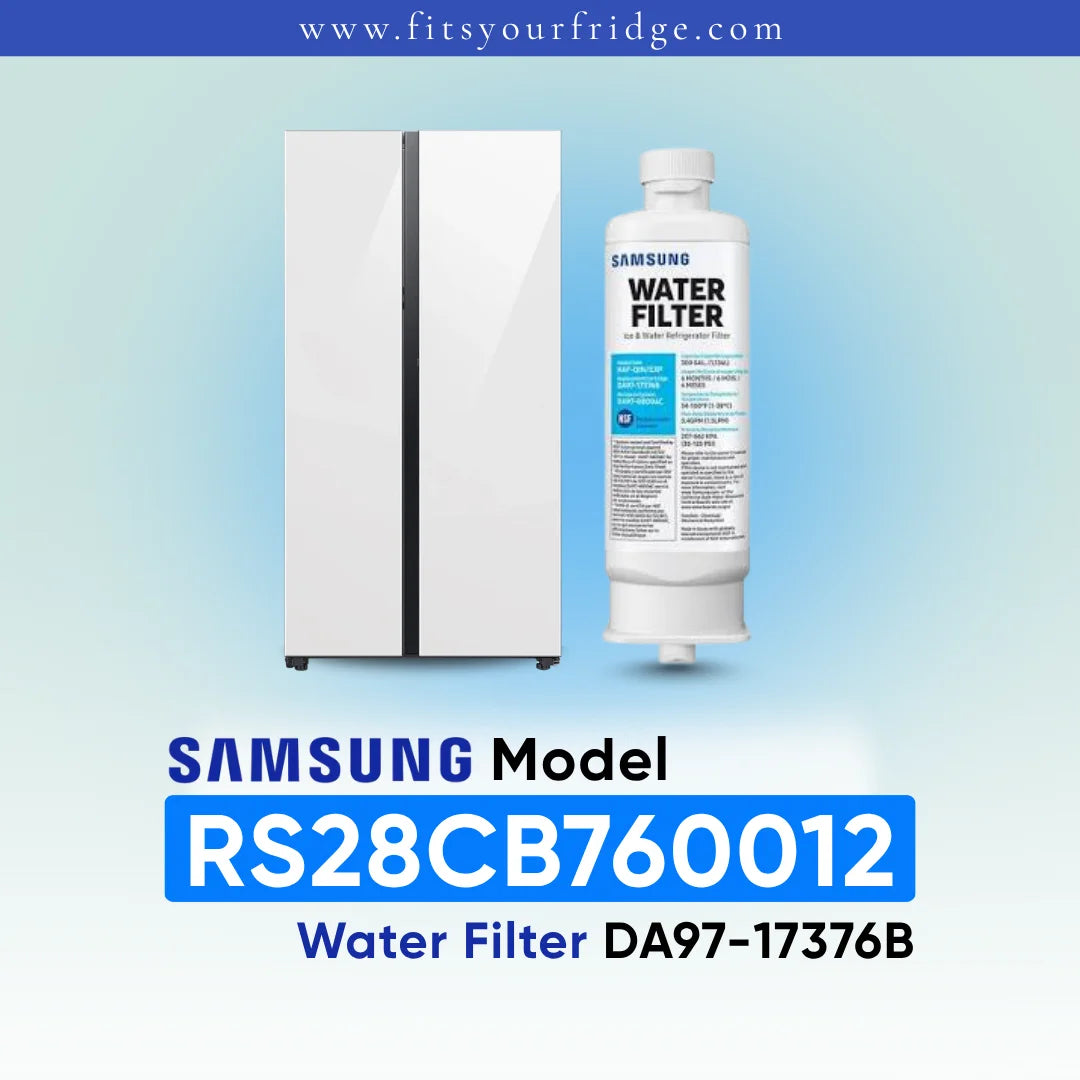 Samsung water filter replacement part for a side-by-side refrigerator, shown next to a white refrigerator graphic on a light blue gradient background with text identifying the model RS28CB760012.