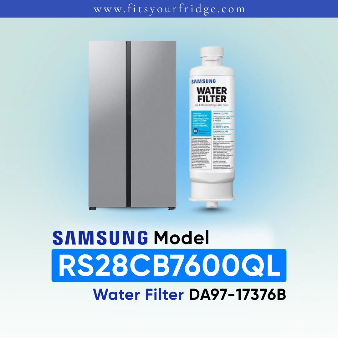 Samsung water filter cartridge shown next to a stainless steel side-by-side refrigerator on a light blue gradient background, with text identifying the model RS28CB7600QL and part DA97-17376B.