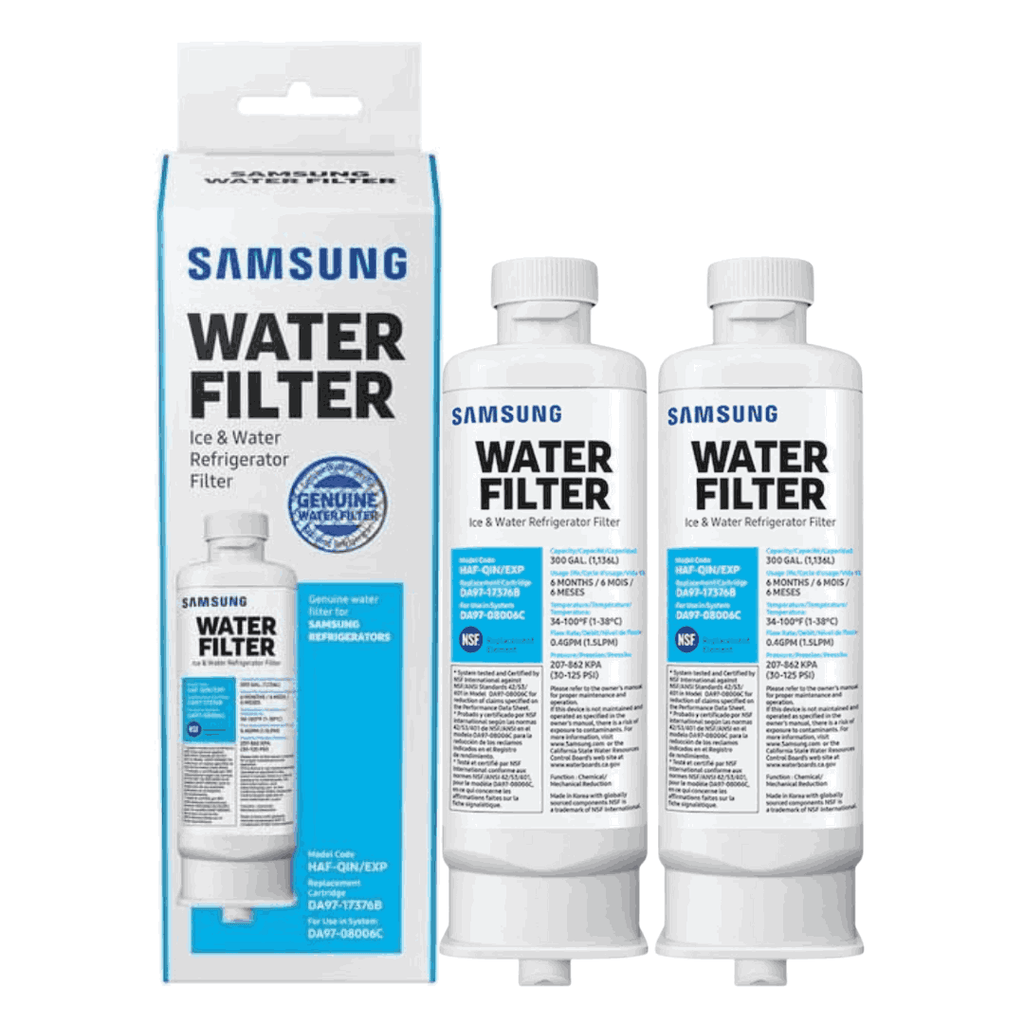 2 Pack Samsung Refrigerator RF24R7201SR Water Filter with packaging on a white background